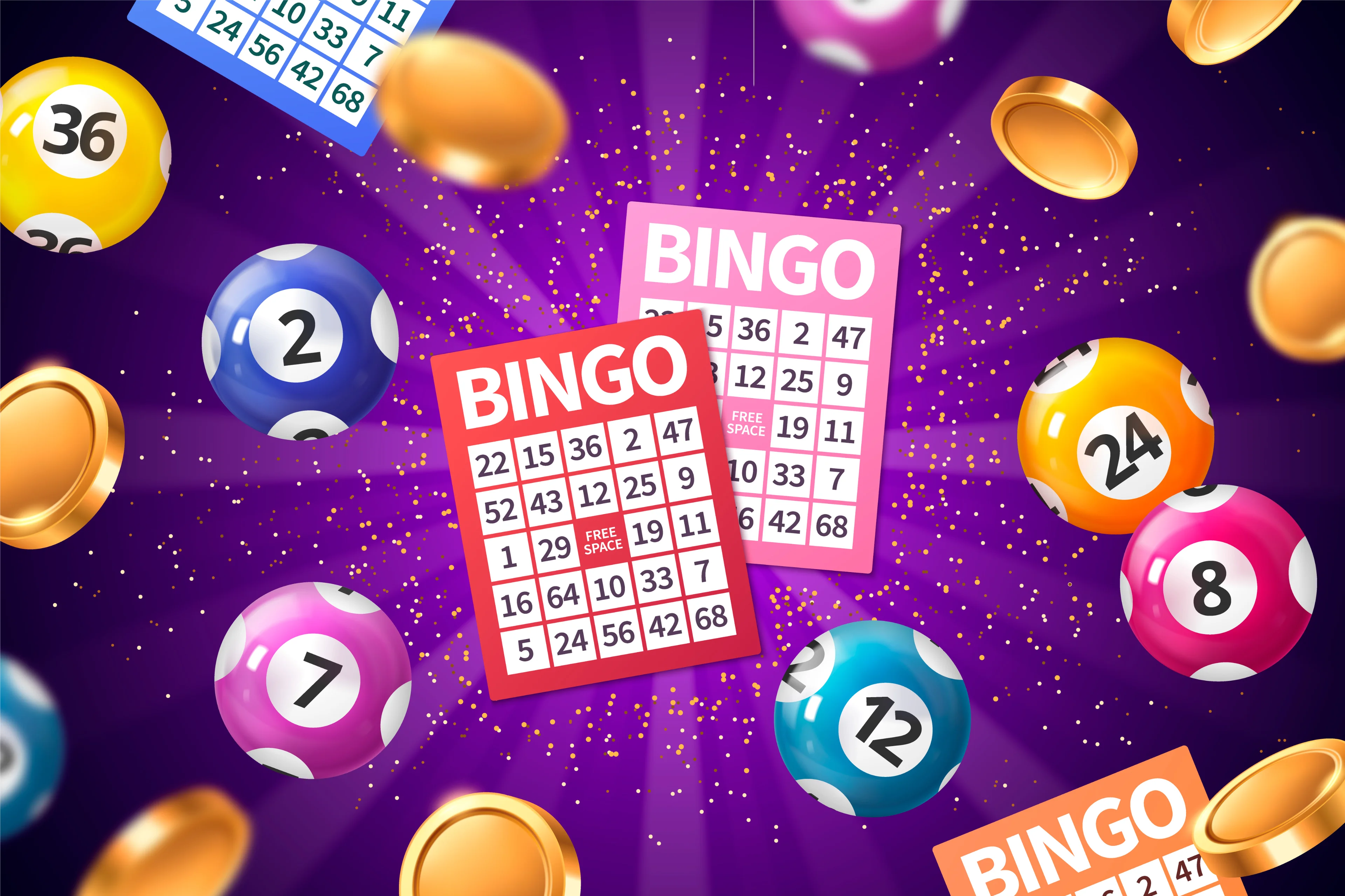 Bingo game with various balls and cards